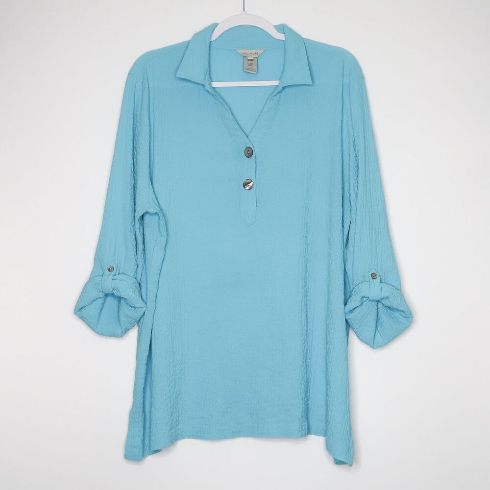 Multiples Womens Blouse Plus Size 0X Blue Crinkle‎ Popover Casual Basics